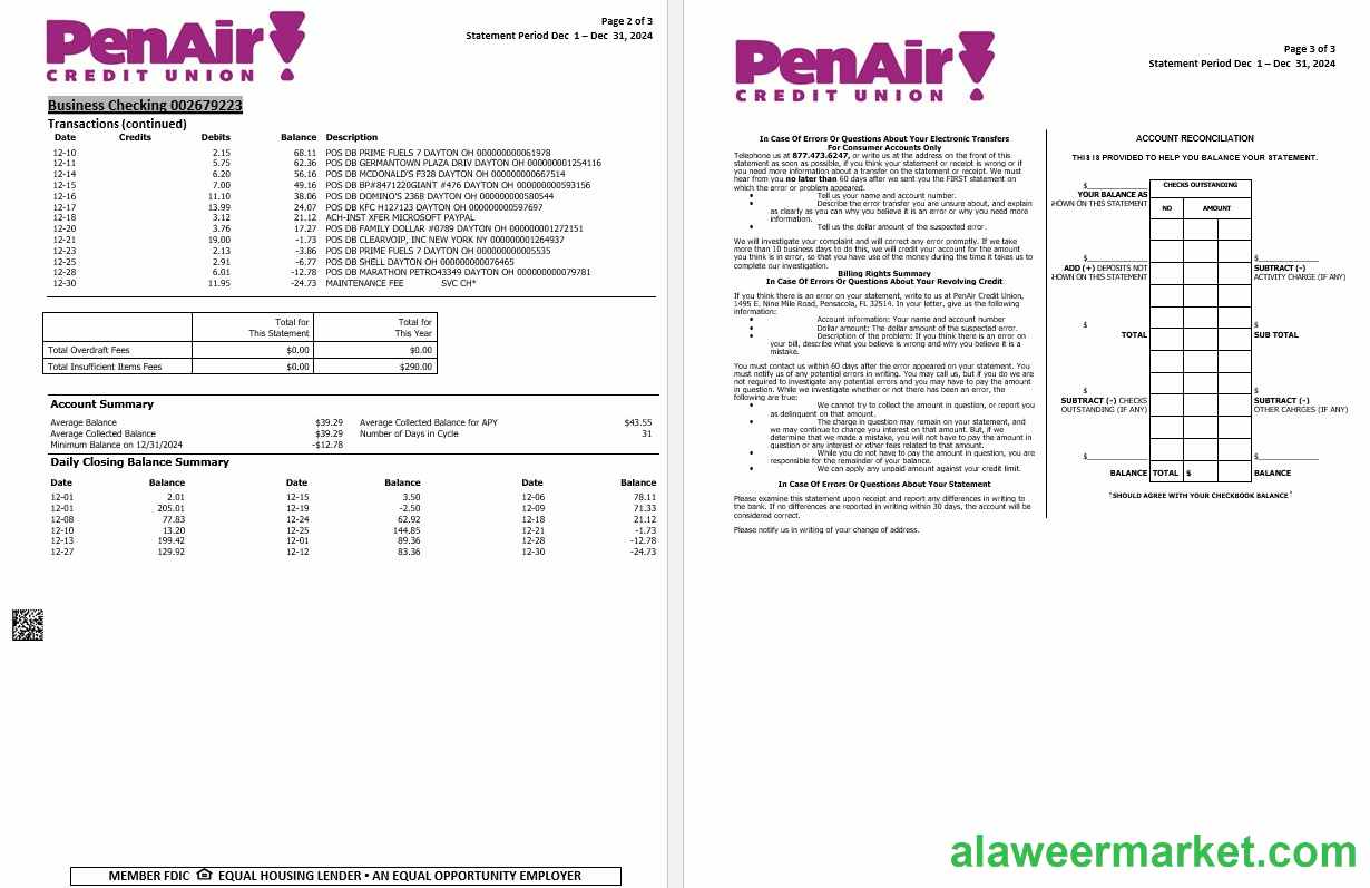 USA Florida PenAir Credit Union bank statement, 3 pages 2